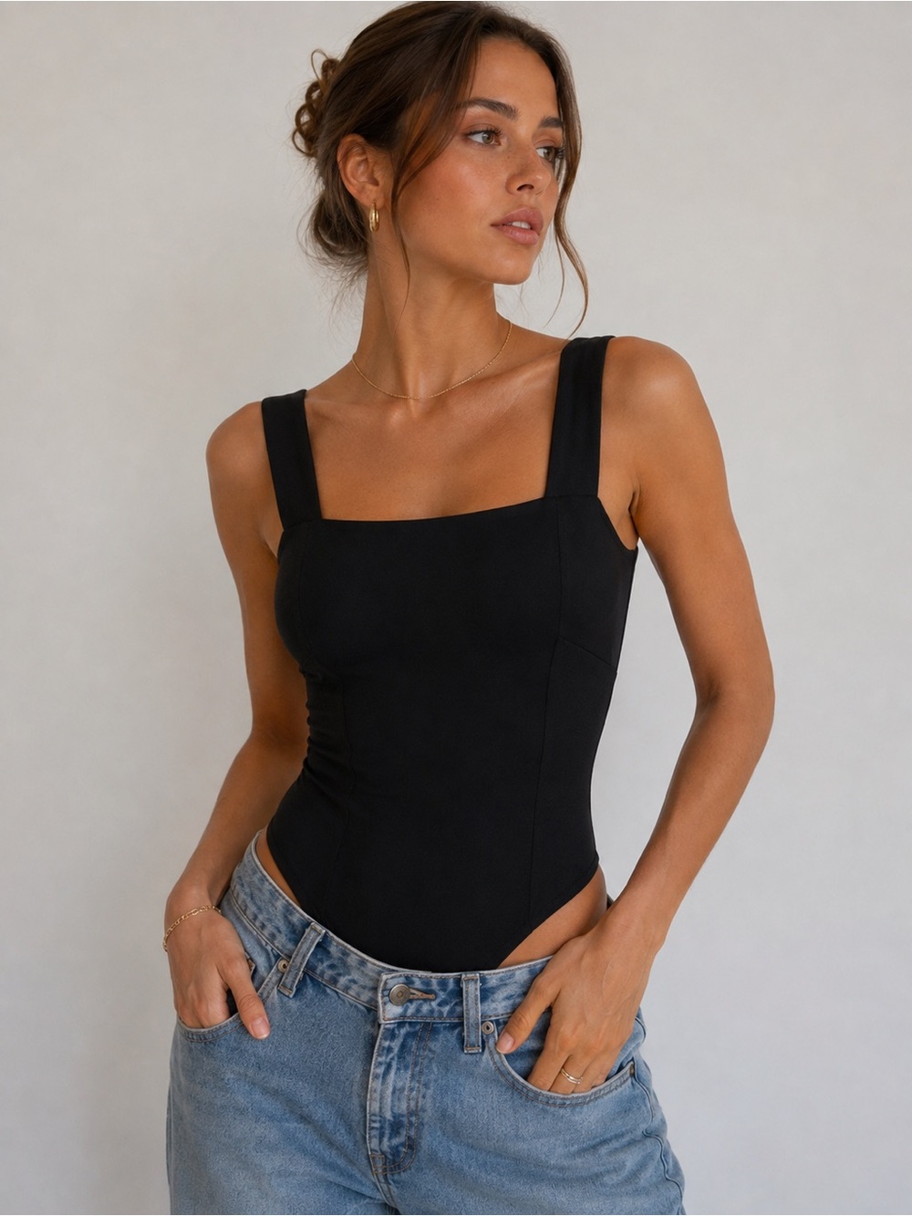 ReoRia Black Square-Neck Stretch Bodysuit